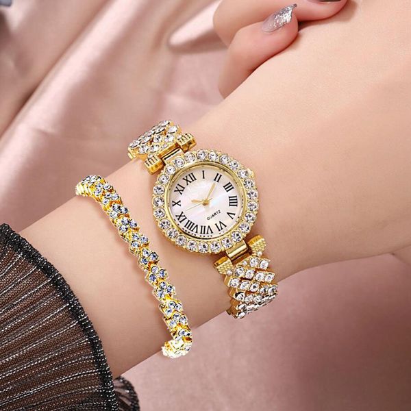 

luxury women rose gold watch fashion ladies quartz diamond wristwatch elegant female bracelet watches 2pcs set reloj mujer, Slivery;golden