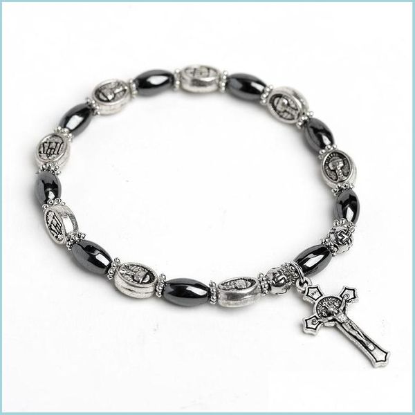 

beaded strands handmade jewelry wholesale hematite christian catholic holy father virgin saint benedict beaded bracelet religious dr dhcxi, Black