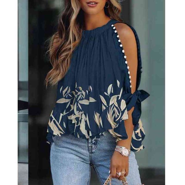 

women's summer women ruffles split sleeve tied detail blouse 2022 new femme plants print beaded decor split sleeve robe lady clothin t, White