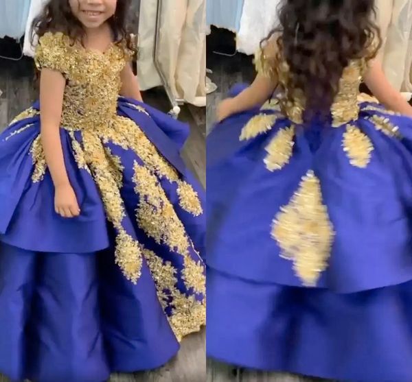 

royal blue and gold girls graduation pageant dresses ball gown lace crystal short sleeve lace-up first communion dress party formal, White;blue