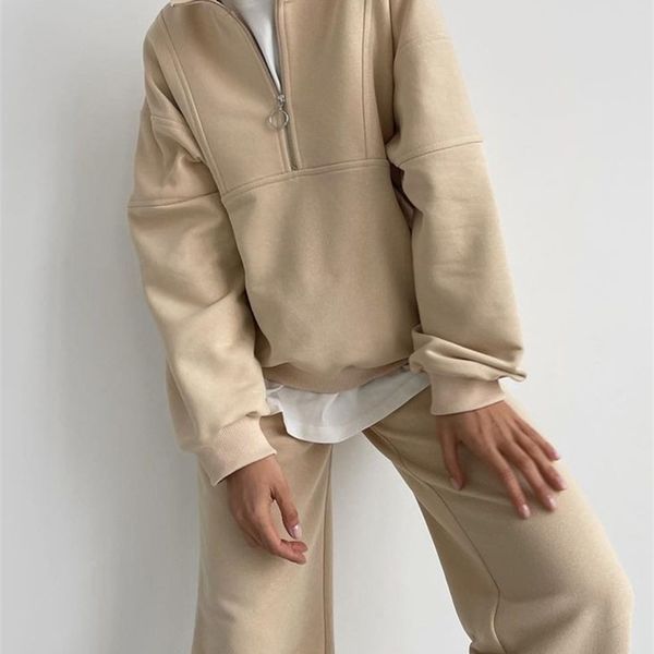 

women's two piece pants wotwoy casual half-zipper collar loose two-piece sets women autumn winter pullovers and wide-leg solid matching, White