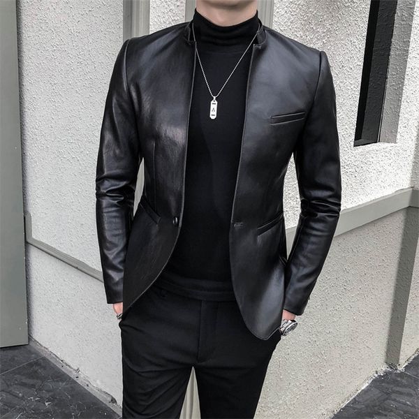 

men's leather faux leather men's pu faux leather jacket coat business casual snake skin style slim suit blazer jackets black mens