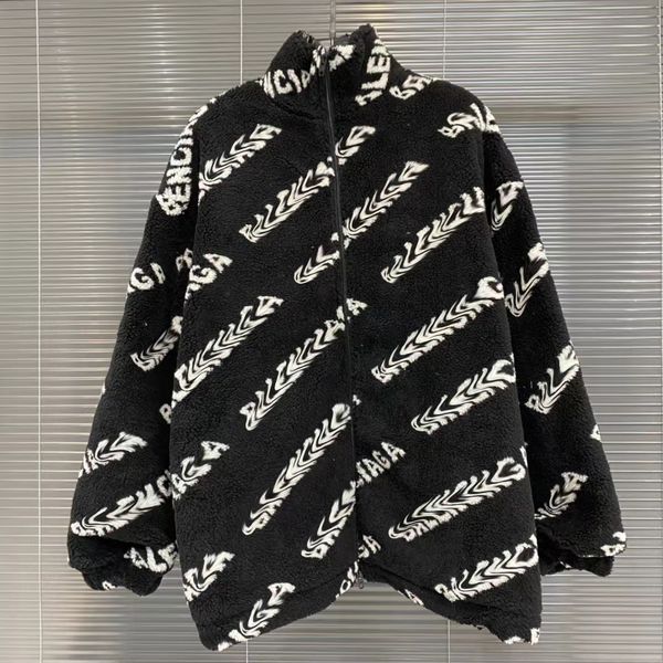 

high street sherpa jacket mens coats furry color block patchwork embroidered letters cotton fleece stand collar coat couple oversized, Black;brown