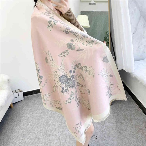 

classic style 2022 imitation cashmere new national pink flower scarf medium long warm shawl, Blue;gray