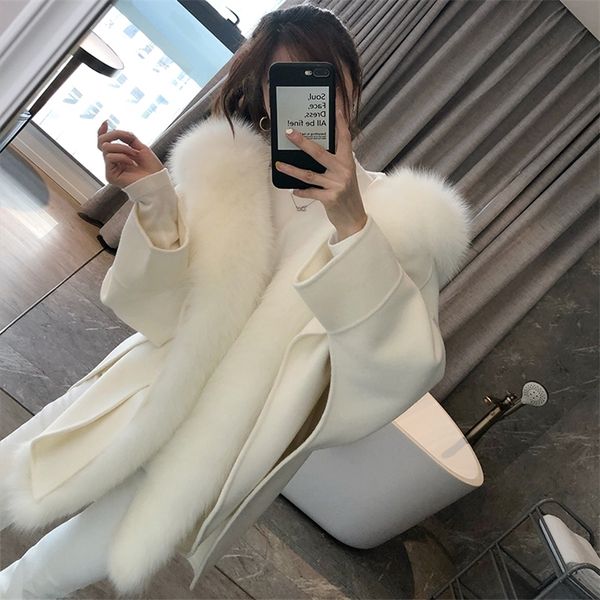 

faux womens fall winter natural jacket real woolen coat with genuine fur collar cashmere hooded coats poncho outerwear 220912, Black
