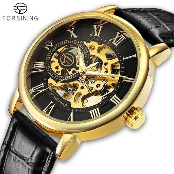 

wristwatches forsining luxury brand men watches 3d dial design hollow gold watch men leather skeleton mechanical clock relogio masculino 220, Slivery;brown