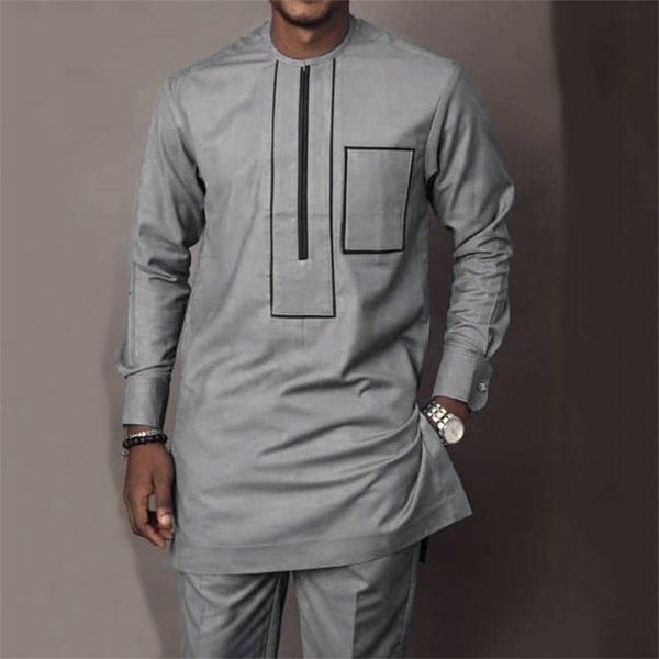 

mens tracksuits dashiki men set grey zippied social long sleeve tshirt pants 2 piece outfit traditional clothing shirt sweatpants male m4xl, Gray