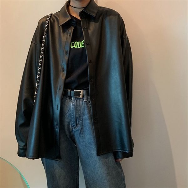 

women's leather faux chic women oversized pu leather blouses spring autumn black basic coat turn-down collar motor biker jacket 220912