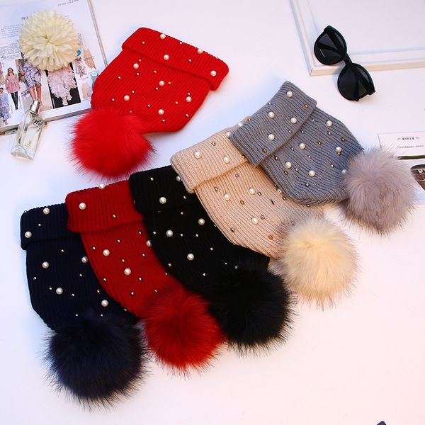 

pearl inlaid solid color winter rolled warm pom hat pom stretch men's beanie women's ski hats, Blue;gray