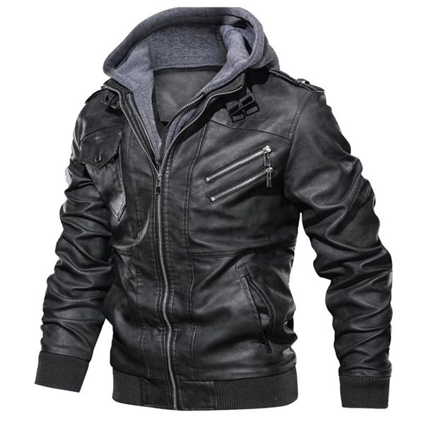 

men's leather faux biker leather jacket warm hooded pu coat for autumn and winter 220912, Black