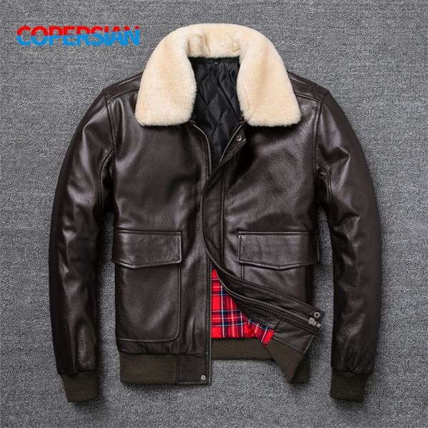 

men's jackets flight fur collar genuine layer cow leather men black brown coat winter 220912