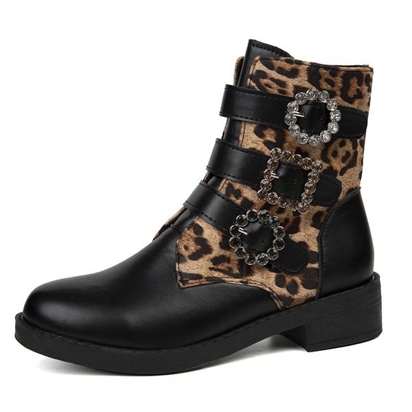 

2022 new platform women's boots round toe lace up pu leather designer short ankle khaki black leopard print boots