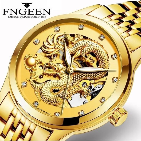 

wristwatches fngeen mens luxury golden wristwatch waterproof automatic mechanical watches dragon diamond clock gift 220912, Slivery;brown