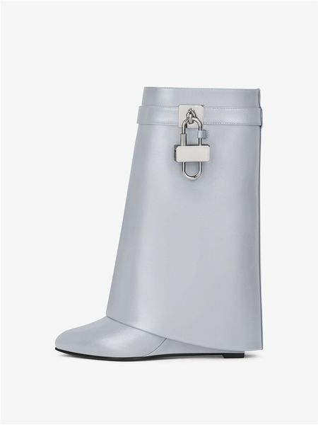 

autumn and winter women's boots with metal lock buckle slope heel large shoes, Black