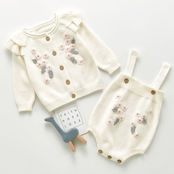 

clothing sets spring autumn infant baby girls knit long sleeve flower coat braces rompers clothing sets kids girl suit clothes 0-3yrs 220912, White