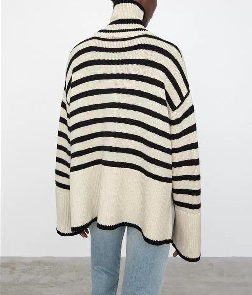 

2022 toteme high collar wool blend striped sweater wool women's sweaters, White;black