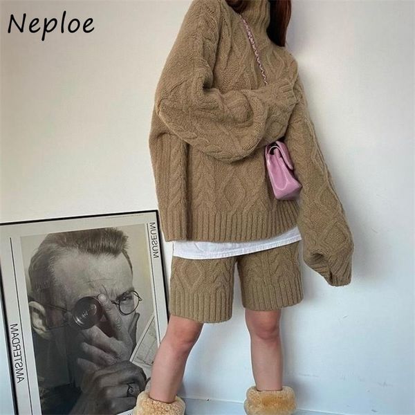 

womens two piece pants neploe korean chic simple casual temperament set femme turtleneck solid color sweater high waist straightleg shorts 2, White
