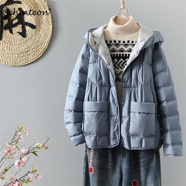 

womens down parkas schinteon women ultralight white duck down jacket casual autumn winter outwear with hood korean style loose coat 220912, Black