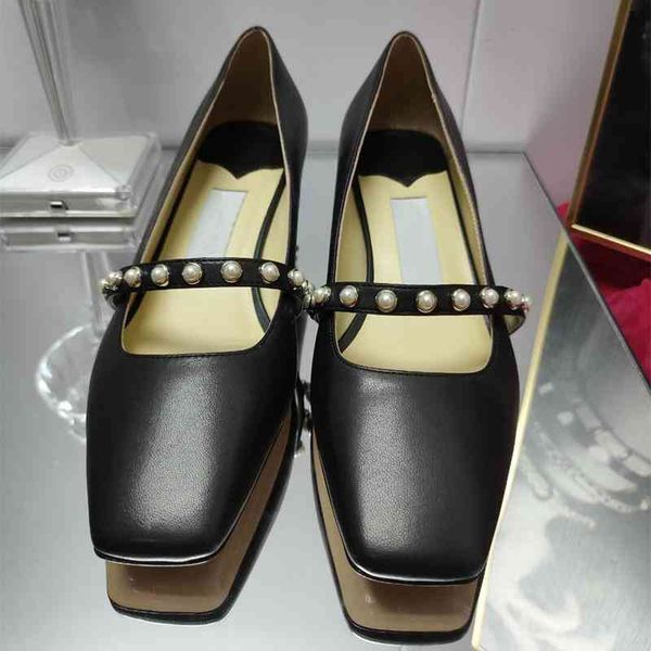 

shoes autumn dress style square head mary jane shoes pearl straight belt single women's temperament celebrities thick high heels small, Black