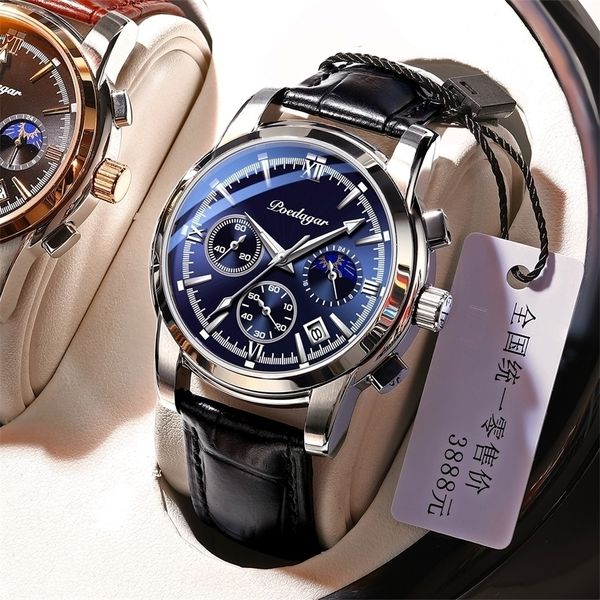 

wristwatches poedagar men watches leather quartz watches brand luxury blue wristwatch waterproof luminous fashion sport clock 220912, Slivery;brown
