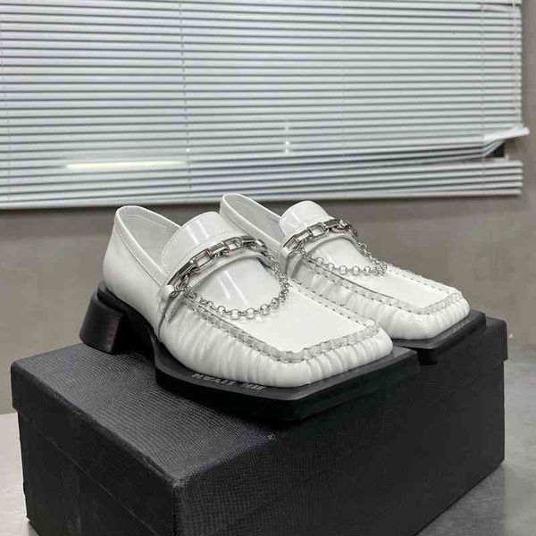 

dress shoes lefu shoes women's genuine leather square head medium heel in autumn metal chain thick small, Black