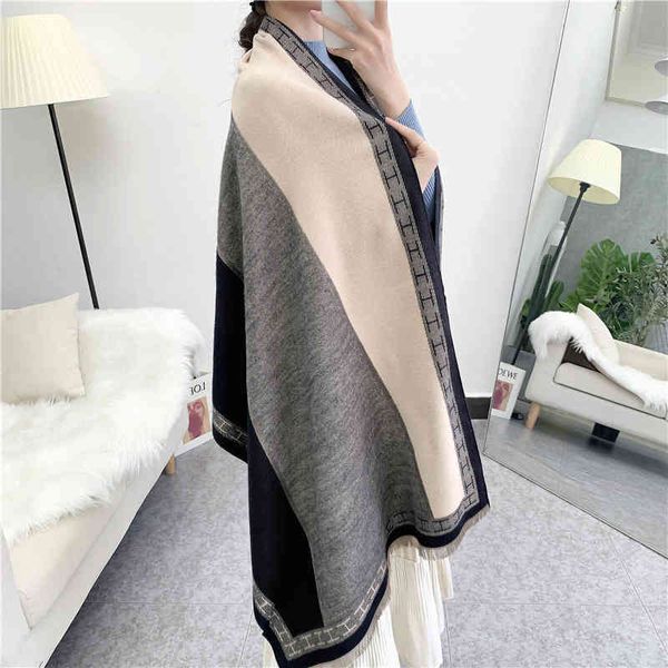 

classic style autumn and new scarf women's korean version contrast color splicing imitation cashmere long thickened warm shawl travel p, Blue;gray