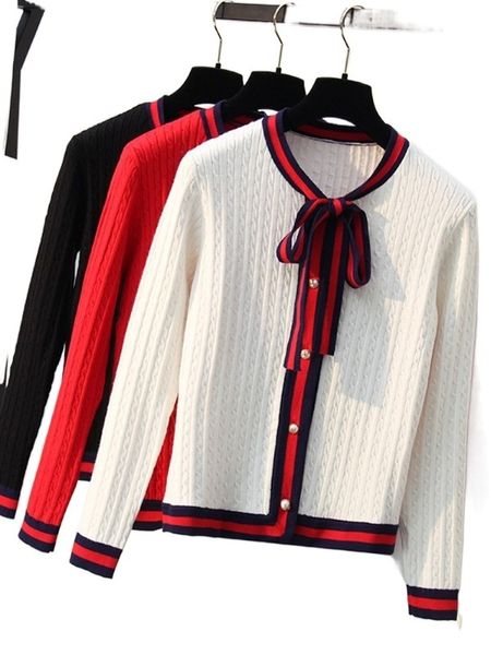 

women's sweaters thick knitted cardigan sweater elegant bow tie pearl button o neck female autumn winter coat ladies stripe jacket, White;black