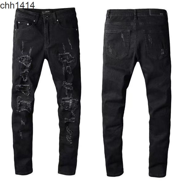 

off black jeans men's scraped hole patch beggar pants elastic slim leggings, Blue