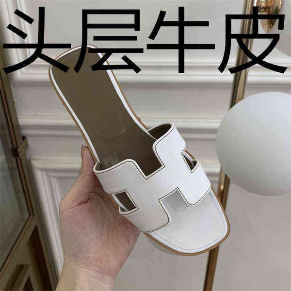 

slippers herme slippers slides slippers womens summer 2022 flat bottomed leather and cowide new fasion versatile wear anti slip sea beac, Black
