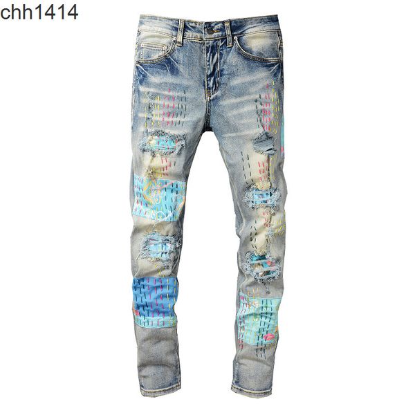 

high street trend jeans young men's high craft hole patch color line elastic slim fitting jeans, Blue