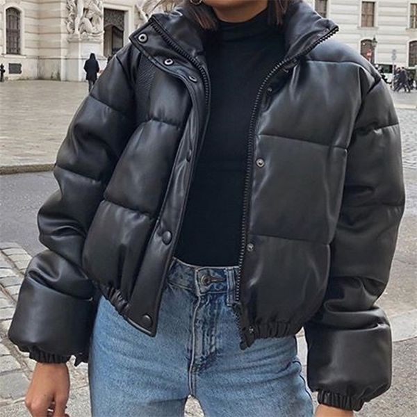 

women's down parkas winter coat short jackets for female pu leather bomber jacket elegant doudoune femme veste manteau 220912, Black