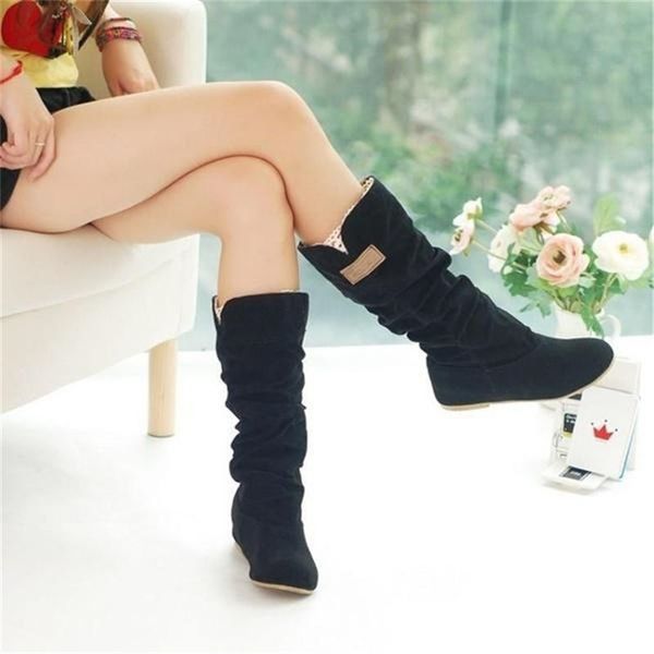 

boots women lace nubuck flat heels winter snow boots shoes women's flock plush padded winter long riding motorcycle boots shoes 220912, Black