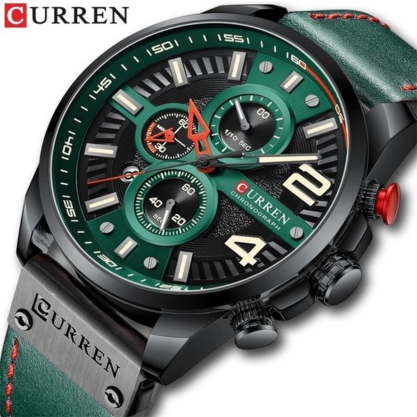 

wristwatches curren watches for mens chronograph leather wristwatch fashion green male clock with designed dial 220912, Slivery;brown