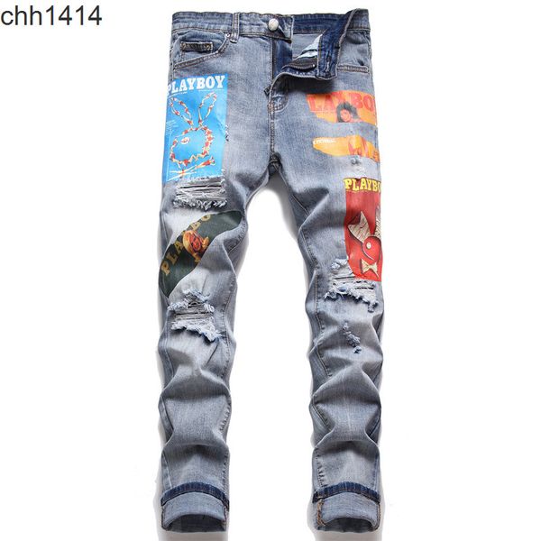 

denim style brand slim fit elastic hole fashion men's print men's jeans, Blue