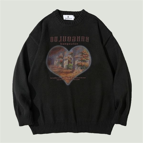 

men's sweaters high street hip hop knitted jumper mens heart letter graphic print harajuku oversize casual o-neck pullover 220912, White;black