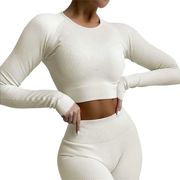 

womens two piece pants ribbed women sets fitness suit seamless sportswear gym clothing stripe legging long sleeve sport outfits woman tracks, White