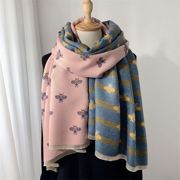 

scarves luxury brand doublesided scarf women mrs winter warm cashmere shawl animal bee printing soft thin blanket holiday gifts 220912, Blue;gray