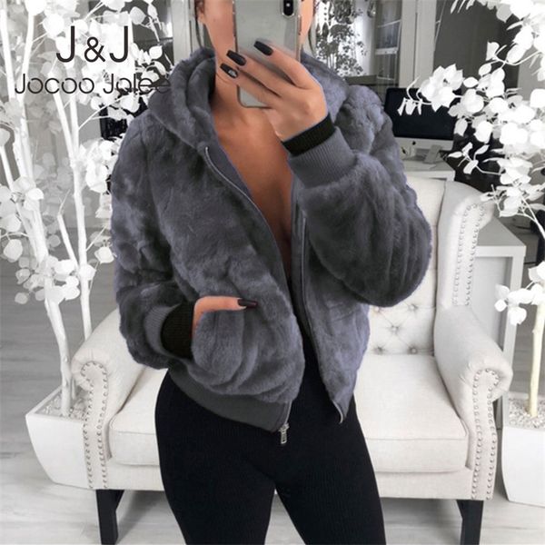 

women's fur faux jocoo jolee winter hooded cropped coats and jackets fluffy fleece teddy warm outwear clothing 220912, Black