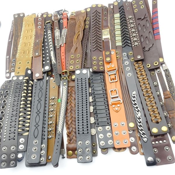 

bangle 30pcs genuine leather men women bracelets handmade metal button punk jewelry biker bangle wholesale lot fashion accessories gift 2209, Black