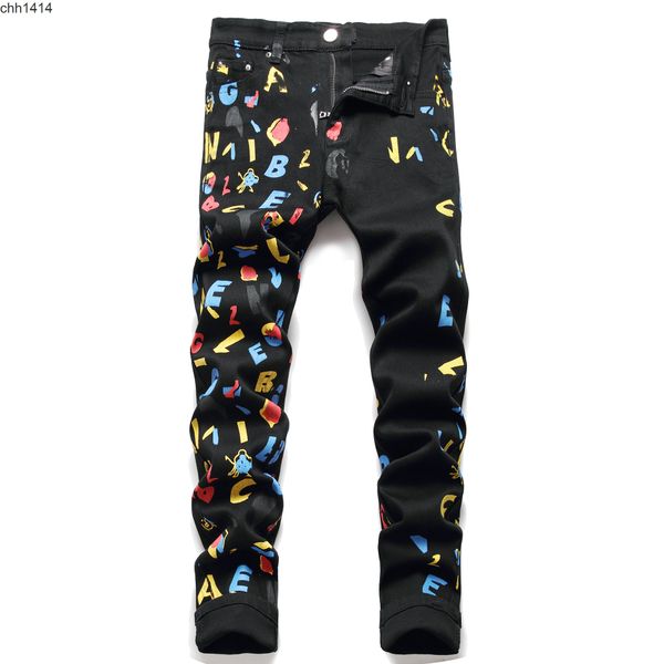 

brand style slim fit small feet fashion paint printing black elastic trend men's jeans, Blue