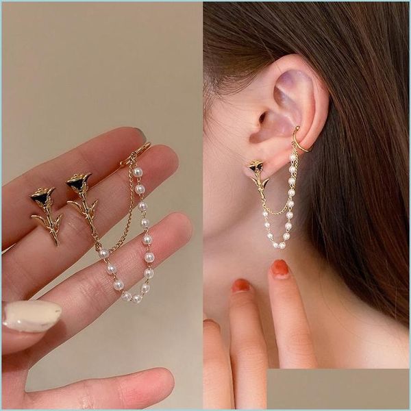 

stud stud rose flower pearl chain earrings korean style ear clip long tassel earring fashion gold studs for women jewelrystud drop de dhvjs, Golden;silver