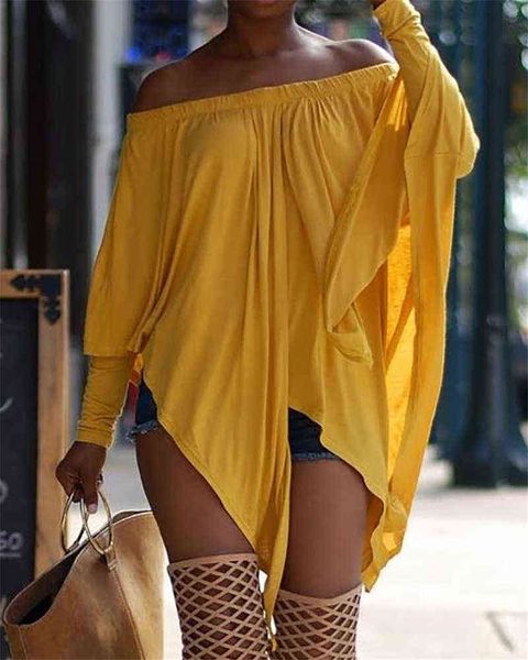 

women's 2022 women asymmetric stretchy off shoulder oversized t shirt casual solid long sleeve fashion tee outfits robe femme t220825, White