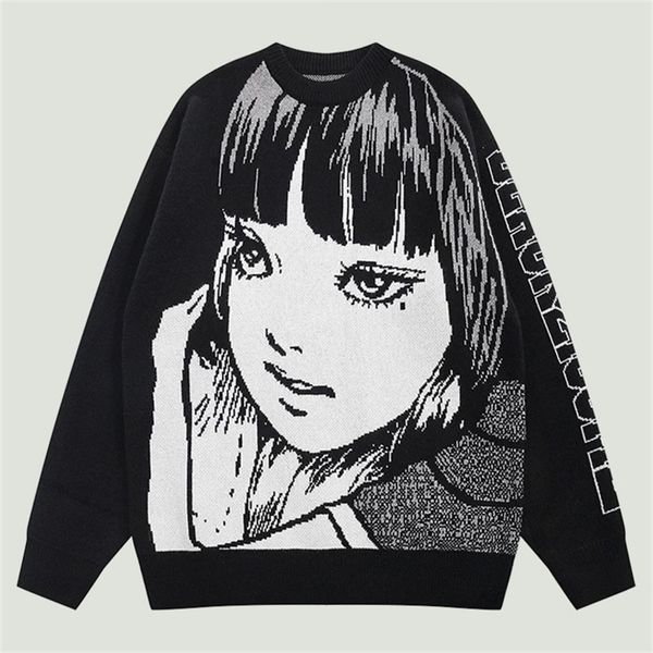 

men's sweaters knitted jumper hip hop harajuku japanese anime cartoon girl print fashion streetwear casual loose pullover 220912, White;black