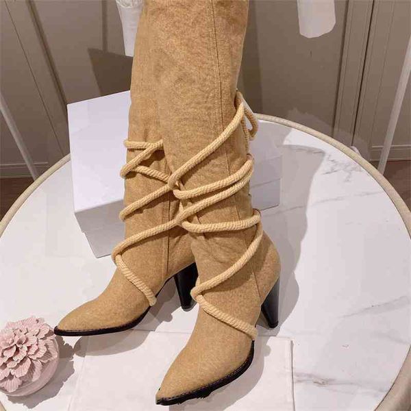 

boots wind thick heel high barrel knight boots pointed below knee cowboy long pile women, Black