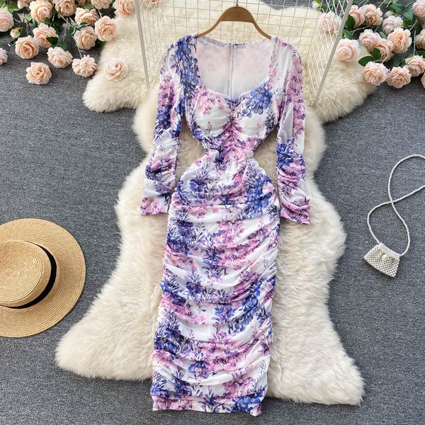

summer runway mesh ruched sheath midi dress women rose print square collar puff sleeve elastic bodycon folds vestidos 2023, Black;gray