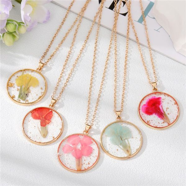 

charms pendant necklace dried flower round chain necklace for women jewelry fashion, Silver