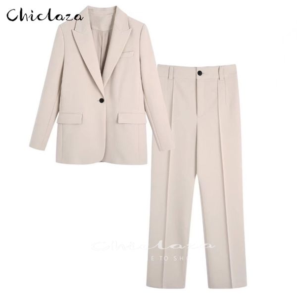 

women's two piece pants chiclaza women spring autumn fashion chic button 2 piece set office lady blazer jacket pants suit casual female, White