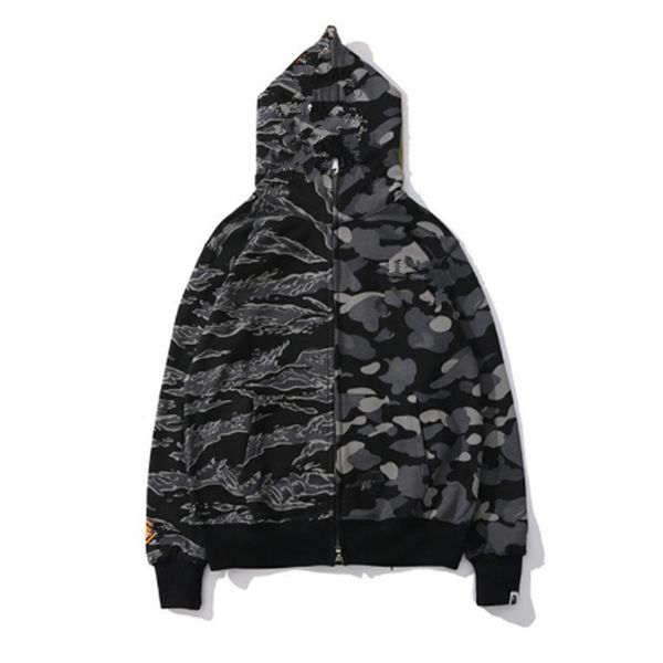 

2022 new camo zip-front shark hoodie camouflage print sweatshirt bathing ape cardigan hoodies hip hop letters long sleeve plush mens woman b, Black