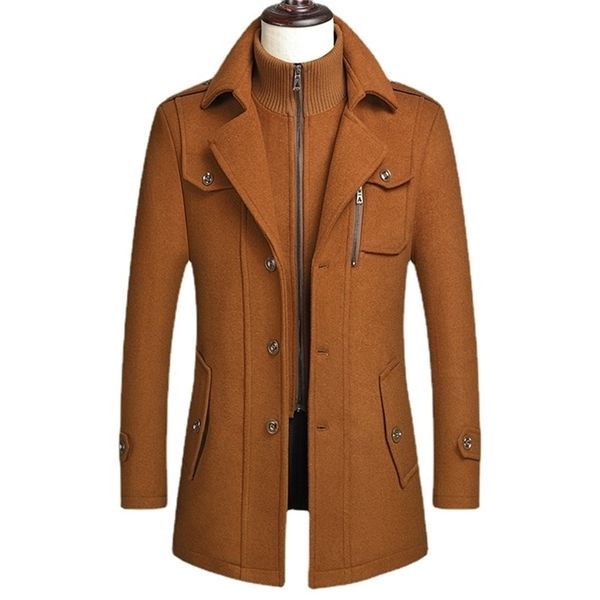 

men's wool blends autumn and winter coat medium long woolen jacket mock neck slim plus cotton thickened s-4xl 220909, Black