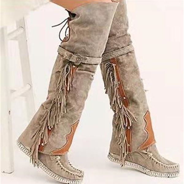 

boots fashion bohemia knee-length women ethnic personality high tassels faux suede girl flat bottom long botas mujer 220912, Black